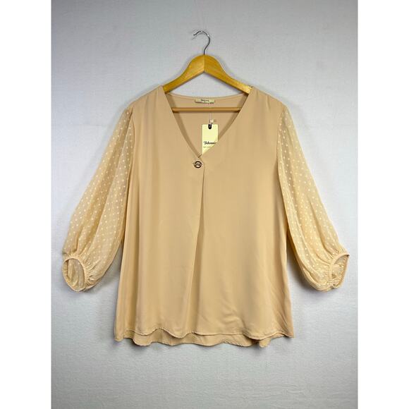 Bebonnie Woman's Chiffon Beige/Tan Blouse Lantern 3/4 Sleeve XL Elegant Dressy - Picture 2 of 13